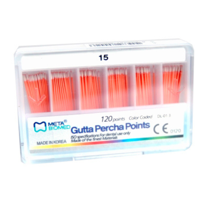 Gutapercha MetaBiomed No. 15. Caja con 120 puntas Item # 111530-15..